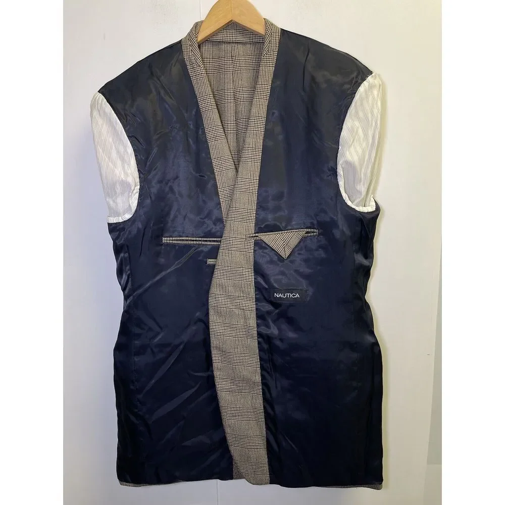 Nautica Wool 2 Button‎ Sport Coat 44L Light Brown Glen Plaid Blazer Jacket